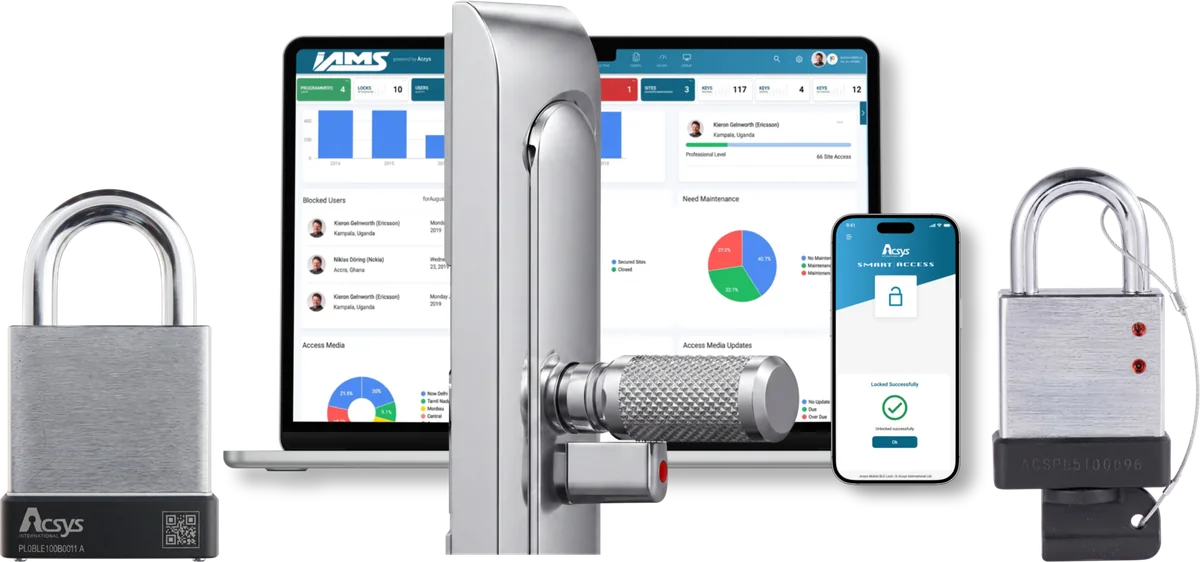 iAMS Enterprise dashboard and the Smart Access mobile app alongside the Acsys keyless cylinder, keyless padlock and keyed padlock