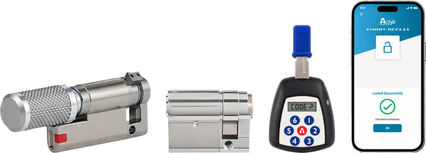 Acsys keyless BOLT cylinder, keyed blind cylinder, Bluetooth key and the Smart Access mobile app